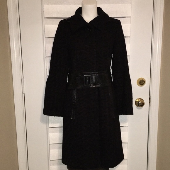 Mackage Black long wool blend with REAL LEATHER BELTS n TRIM NWT - Picture 5 of 17